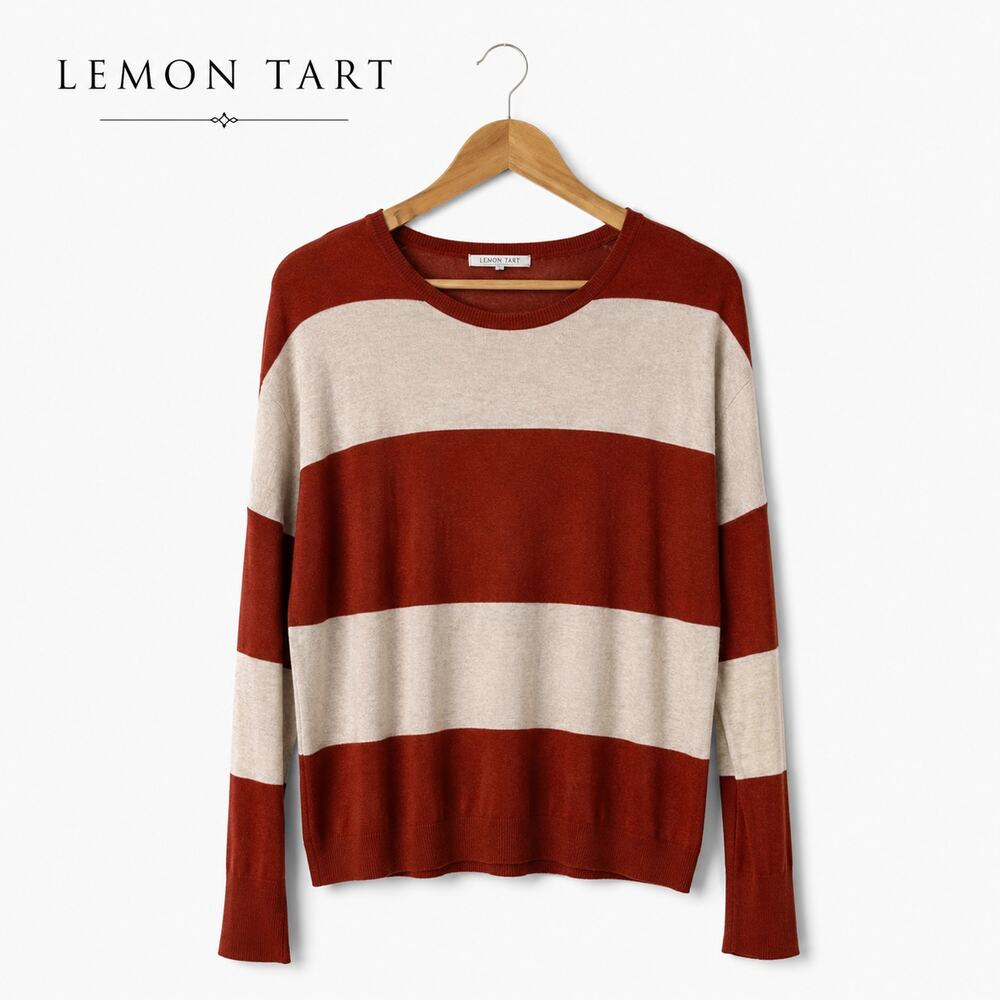 Lemon Tart Wide Bold Beige and Rust Orange Stripe Crewneck Sweater Medium